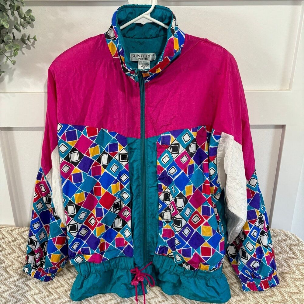 Sunterra Vintage 80's Windbreaker Full Zip Jacket Pink Green Squares Women's PM